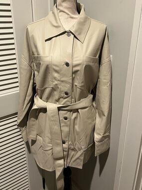 Belted Cream Jacket - Women's Lightweight Coat (Vegan Leather)